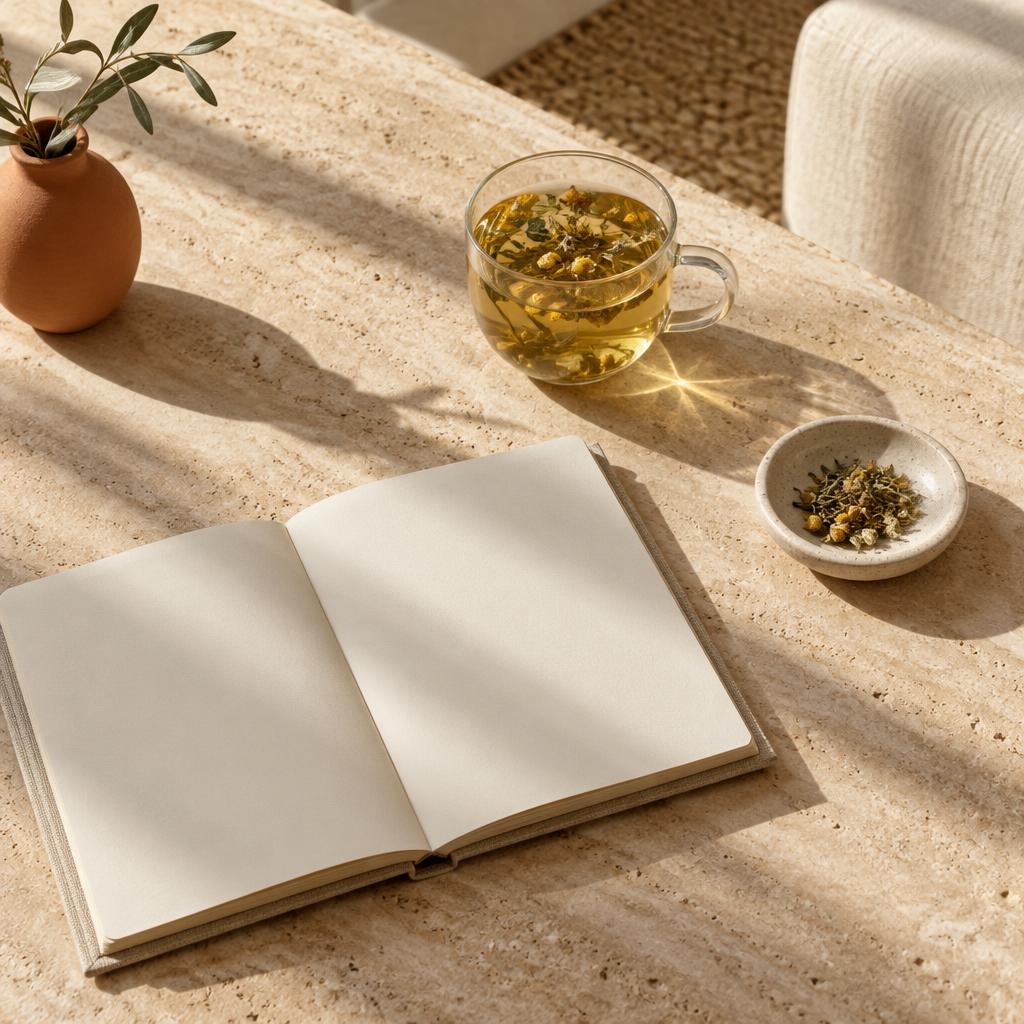 Cuaderno abierto sobre una mesa de madera con una infusión